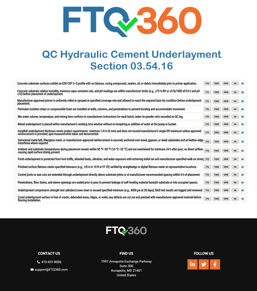 Checklist QC Hydraulic Cement Underlayment Section 03.54.16