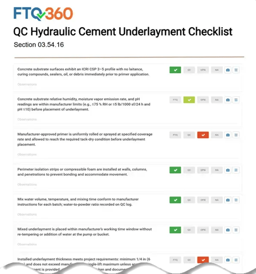 03.54.16 Hydraulic Cement Underlayment Checklist