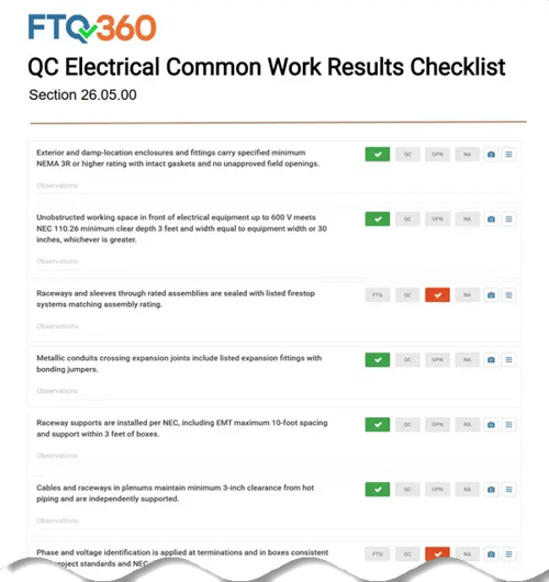 QC Electrical Common Work Results for Electrical Checklist — Section 26.05.00