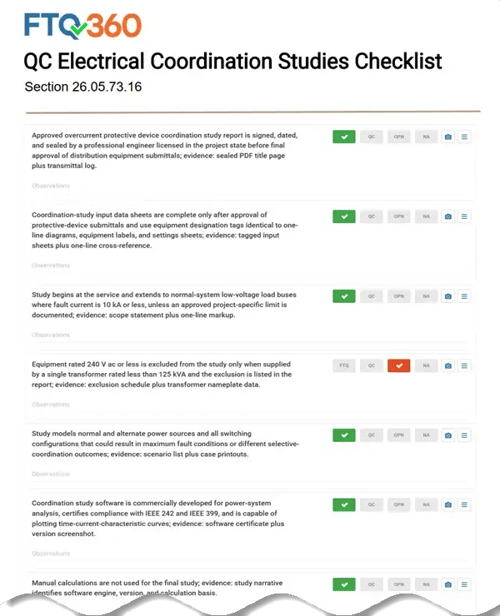 QC Electrical Coordination Studies Checklist — Section 26.05.73.16