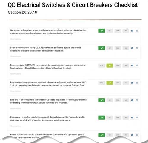 QC Electrical Enclosed Switches and Circuit Breakers Checklists — Section 26.28.16