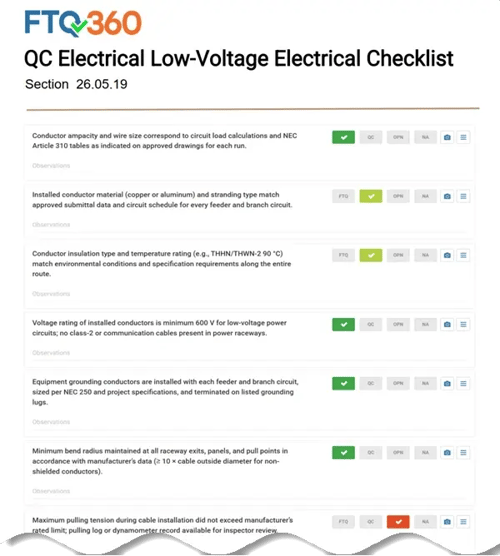 QC Electrical Low-Voltage Electrical Power Conductors and Cables Checklist — Section 26.05.19