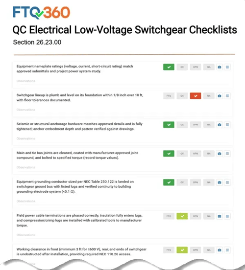 QC Electrical Low-Voltage Switchgear Checklists — Section 26.23.00