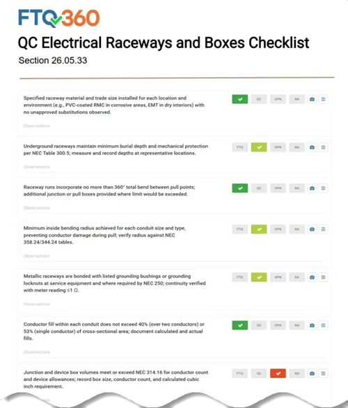 QC Electrical Raceways and Boxes Checklist — Section 26.05.33