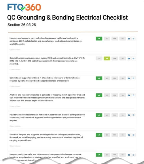 QC Grounding and Bonding for Electrical Systems Checklist — Section 26.05.26